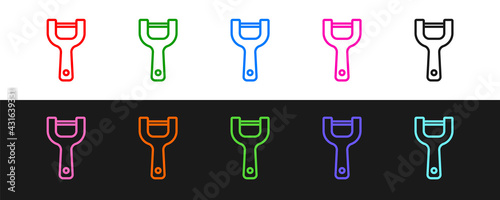 Set line Vegetable peeler icon isolated on black and white background. Knife for cleaning of vegetables. Kitchen item, appliance. Vector