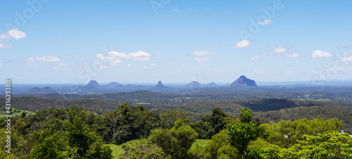 Panorama looking across native bushland at the Glasshouse Mountains - Sunshine Coast photo