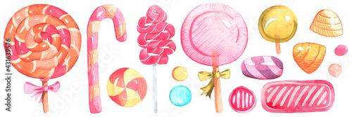 Watercolor illustration with bright candy and lollypops. Collection of hand-drawn cozy elements for you design.