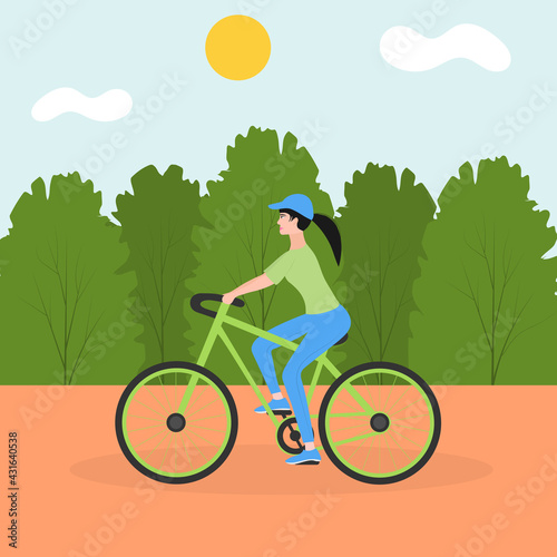 Young sports girl rides a bicycle in the city park. The concept of outdoor activities in the city. Cyclists travel, sports Life. Flat cartoon colorful vector illustration.