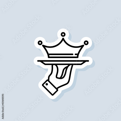 Crown on a tray sticker, icon. Vector. Vip logo. Premium service icon. Vip business service. Premium class offer. Vip restaurant service. Vector on isolated background. EPS 10