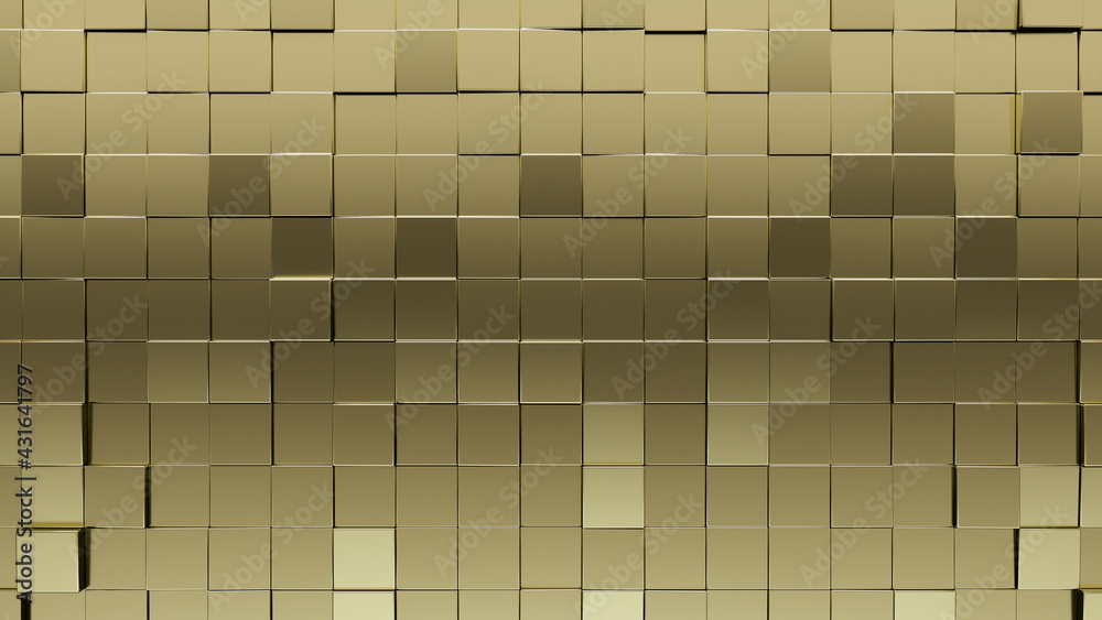 Gold, Glossy Mosaic Tiles arranged in the shape of a wall. Polished, Square, Bullion stacked to create a 3D block background. 3D Render Gold, Glossy Mosaic Tiles arranged in the shape of a wall. Polished, Square, Bullion stacked to create a 3D block background. 3D Render