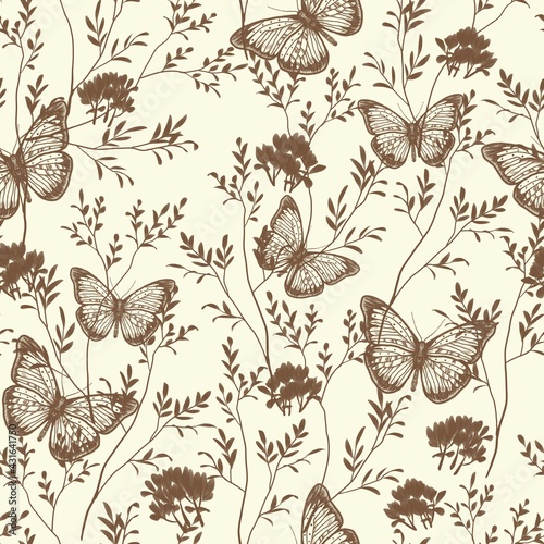 A pattern of butterflies and tree branches with leaves. Seamless image. Natural illustration. Design of wallpaper, fabrics, textiles, packaging, posters, postcards, wedding design.
