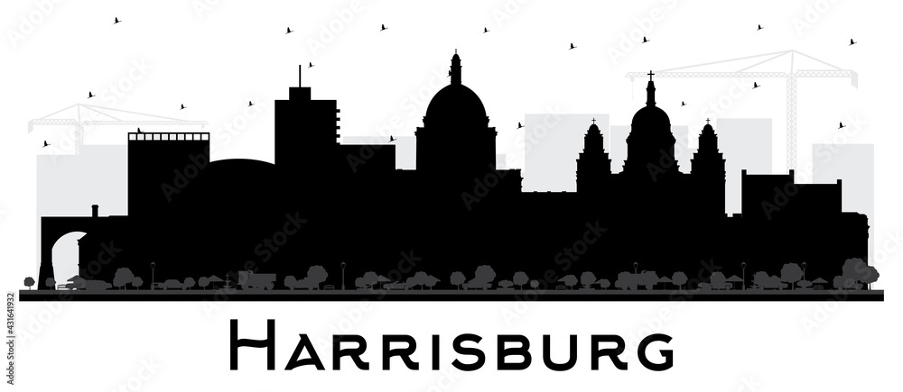 Harrisburg Pennsylvania City Skyline Silhouette with Black Buildings Isolated on White.