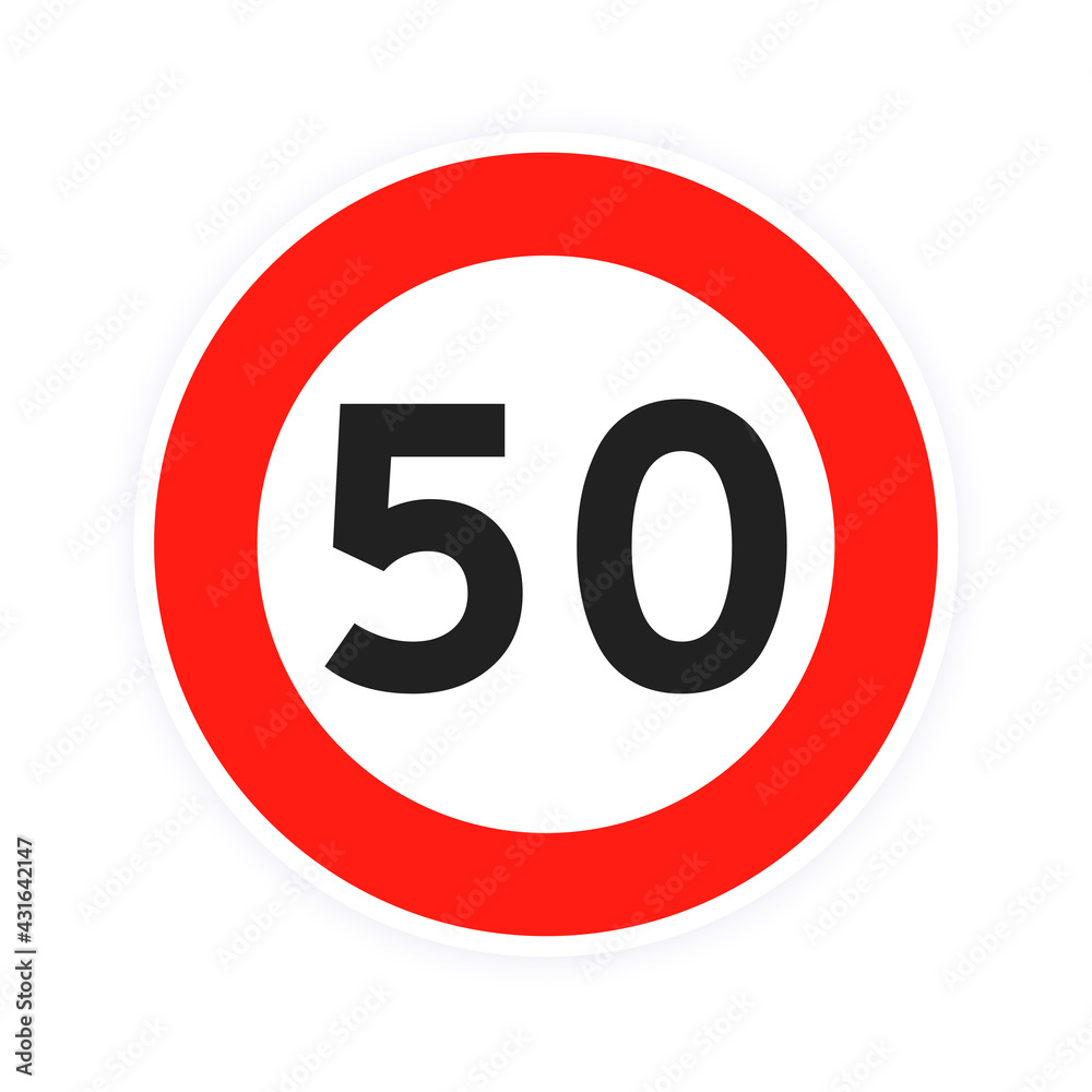 Speed limit 50 round road traffic icon sign flat style design vector illustration isolated on white background. Circle standard road sign with number 50 kmh.