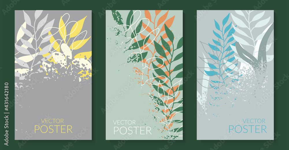 Natural background with colored leaves in pastel colors. Set of textured dotted posters with place for text. Modern flat design for packaging, advertising, social networks. Vector.