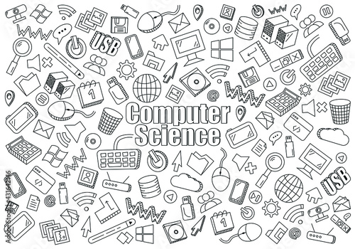Vector line art Doodle set of objects and symbols on the theme of computer science photo