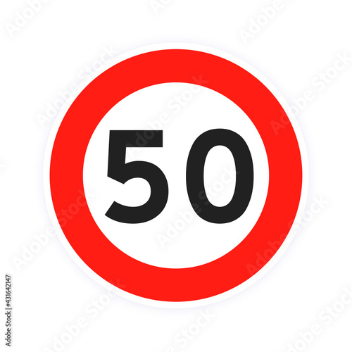 Speed limit 50 round road traffic icon sign flat style design vector illustration isolated on white background. Circle standard road sign with number 50 kmh.