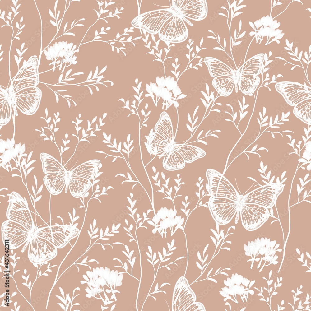 Fototapeta premium A pattern of butterflies and tree branches with leaves. Seamless image. Natural illustration. Design of wallpaper, fabrics, textiles, packaging, posters, postcards, wedding design. 