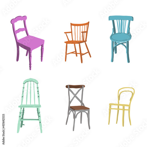 Trendy Scandinavian flat chairs. Interior design illustration. Dinning and living room chairs. 