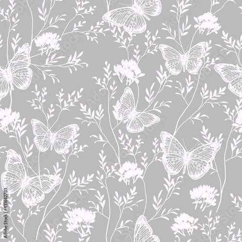 A pattern of butterflies and tree branches with leaves. Seamless image. Natural illustration. Design of wallpaper, fabrics, textiles, packaging, posters, postcards, wedding design.
