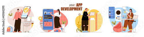 App development concept scenes set. Developers create mobile software, application interfaces, optimize products. Collection of people activities. Vector illustration of characters in flat design