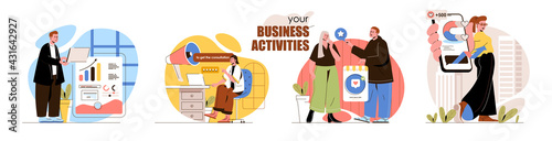 Business activities concept scenes set. Analysis of statistics, digital marketing, promotion in social networks. Collection of people activities. Vector illustration of characters in flat design