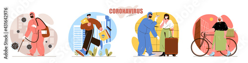 Coronavirus concept scenes set. Medical worker disinfects street, measures temperature, remote working, quarantine. Collection of people activities. Vector illustration of characters in flat design