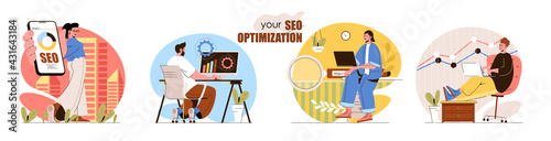 Seo optimization concept scenes set. Search settings, data analysis, increase traffic, marketing, online advertising. Collection of people activities. Vector illustration of characters in flat design