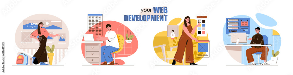 Obraz premium Web development concept scenes set. Developers create site layouts, interface, fill web pages with content, test code. Collection of people activities. Vector illustration of characters in flat design