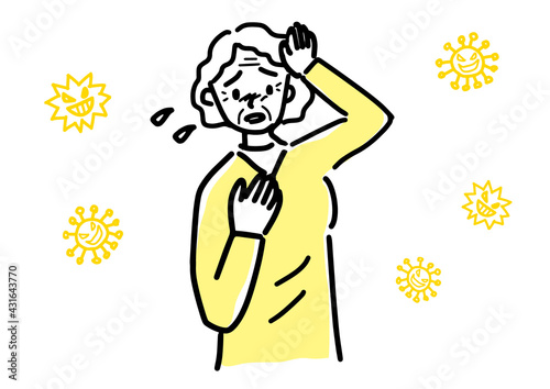 発熱する高齢女性のシンプルタッチイラスト