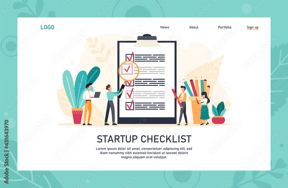 Application landing page template. People creating and checking plan on huge check list. Man points in the direction marked by a checklist on whiteboard paper. Flat vector illustration