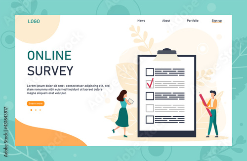Online survey landing page template with header. Man holding pencil while looking at a completed checklist on a clipboard. Can use for web banner, infographics, hero images. Flat vector illustration