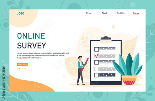 Flat web page template design with online survey concept. Internet questionnaire form. Man fills out the giant clipboard checklist and check mark ticks. Flat vector illustration