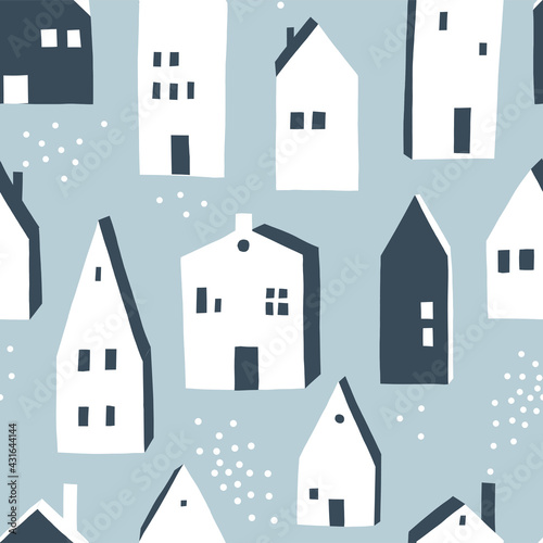 Cute winter Christmas Scandinavian house vector seamless pattern. Whimsy holly Xmas abstract modern hygge festive background. Seasonal winter holidays geometric graphic design