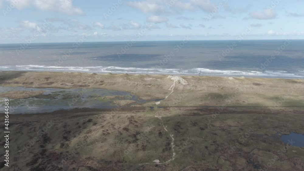 Beach Landscape With Mudflats In Texel Island, Netherlands At Summer. aerial drone
