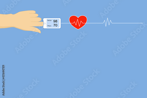 Vector - Hand using Pulse Oximeter, Digital device to checking oxygen level in blood and heart rate. Sign heart wave. 