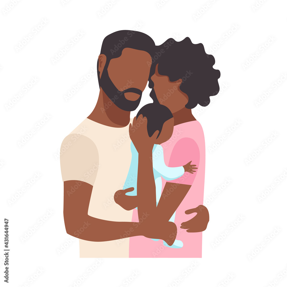Vector illustration of a black family couple tenderly and caringly hugging their newborn baby on a white background. Family day, loving parents, happy childhood, childbirth. Vector illustration of a black family couple tenderly and caringly hugging their newborn baby on a white background. Family day, loving parents, happy childhood, childbirth.