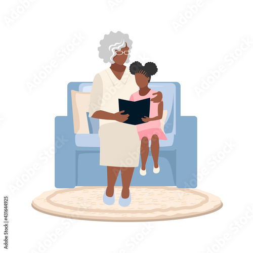 A black grandmother sits in a chair and reads a book to her granddaughter or teaches him to read. Vector illustration in flat style family and learning.