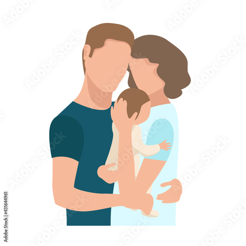 Vector illustration of a family couple tenderly and caringly hugging their newborn baby on a white background. Family day, loving parents, happy childhood, childbirth.