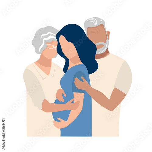 Elderly parents hug and support their pregnant daughter. Family support for single mothers. Social problems.Vector illustration.
