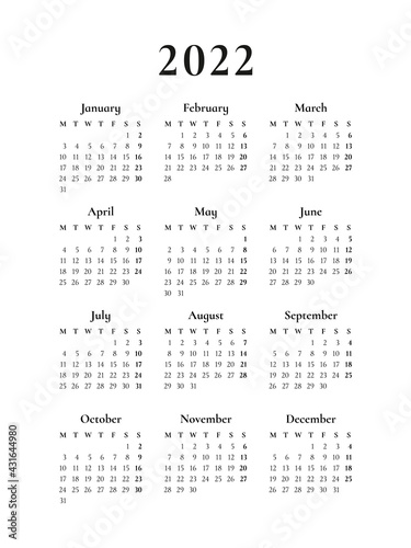 Calendar for 2022, the week starts on Monday, basic business template. vector illustration