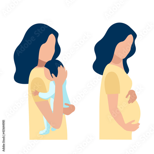 Vector set of a pregnant woman and a woman with a baby. Single mother. Pregnancy and childbirth.