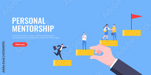 Business mentor helps to improve career and holding stairs steps vector illustration. Mentorship, upskills and self development strategy flat style design business concept.