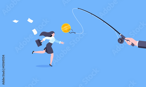 Fishing money chase business concept with businesswoman running after dangling dollar and trying to catch it. Working hard and always busy in the loop routine flat style design vector illustration.
