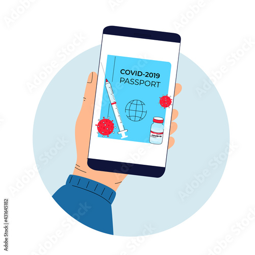 Covid-19 Vaccine passport. Coronavirus immune pass. Pandemic vaccination proof. Hand holds smartphone