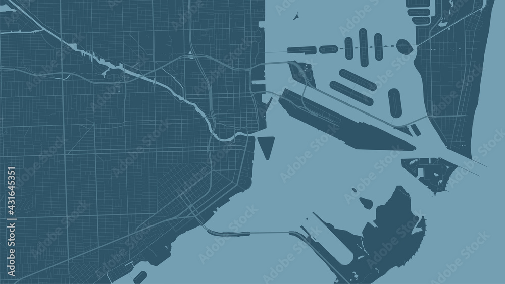 Obraz premium Blue Miami city area vector background map, streets and water cartography illustration.