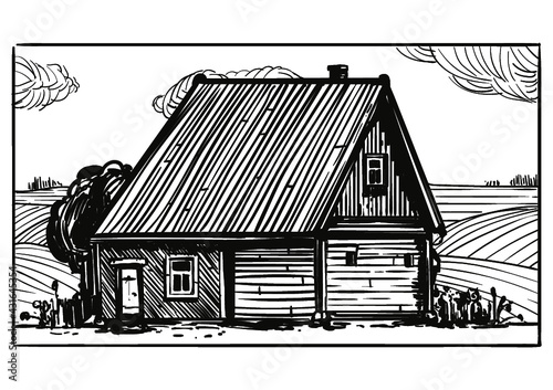 House in countryside engraving style illustration. Vintage style. Vector. © Maciek