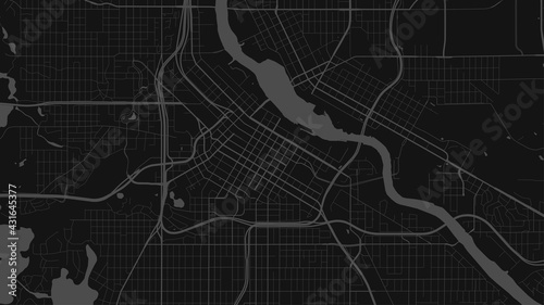 Black and dark grey Minneapolis city area vector background map, streets and water cartography illustration.
