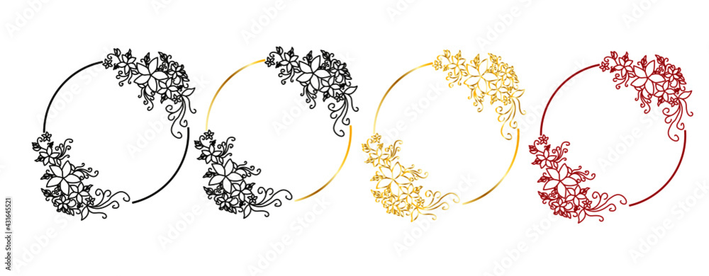 A set of decorative round-shaped frames with floral ornaments on both sides without a background. You can complement your look with a floral pattern. Frame colors: gold, red and black A set of decorative round-shaped frames with floral ornaments on both sides without a background. You can complement your look with a floral pattern. Frame colors: gold, red and black