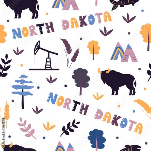 USA collection. Vector illustration of North Dakota theme. State Symbols - seamless pattern