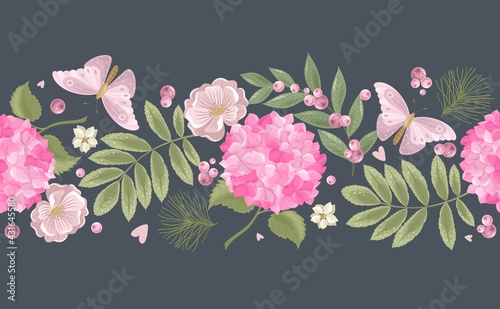 Seamless border with a hydrangea flower on a beautiful background. Vector illustration.