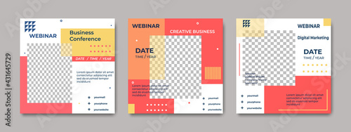 Set of modern webinar social media post templates for concept design with orange and yellow color. Suitable for online marketing promotion banner, webinar, seminar, flyer, ads, etc.