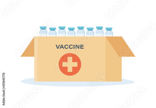 Box of coronavirus vaccine. Delivery of the vaccine to the hospital. Anti virus campaign. Isolated vector illustration on flat style in white background.