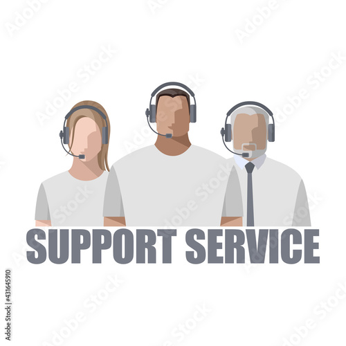 Team operators men and women online, wearing headphones with microphone, headset. The concept of a call center or support service, streamers, bloggers. Color isolated vector illustration