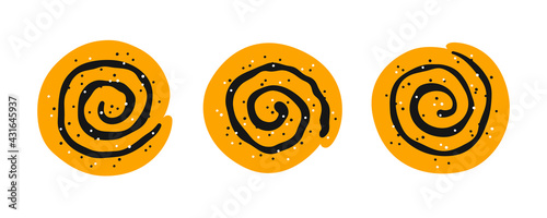 Cinnamon rolls with sugar. Set of swirl buns. Hand drawn isolated vector illustration on white background