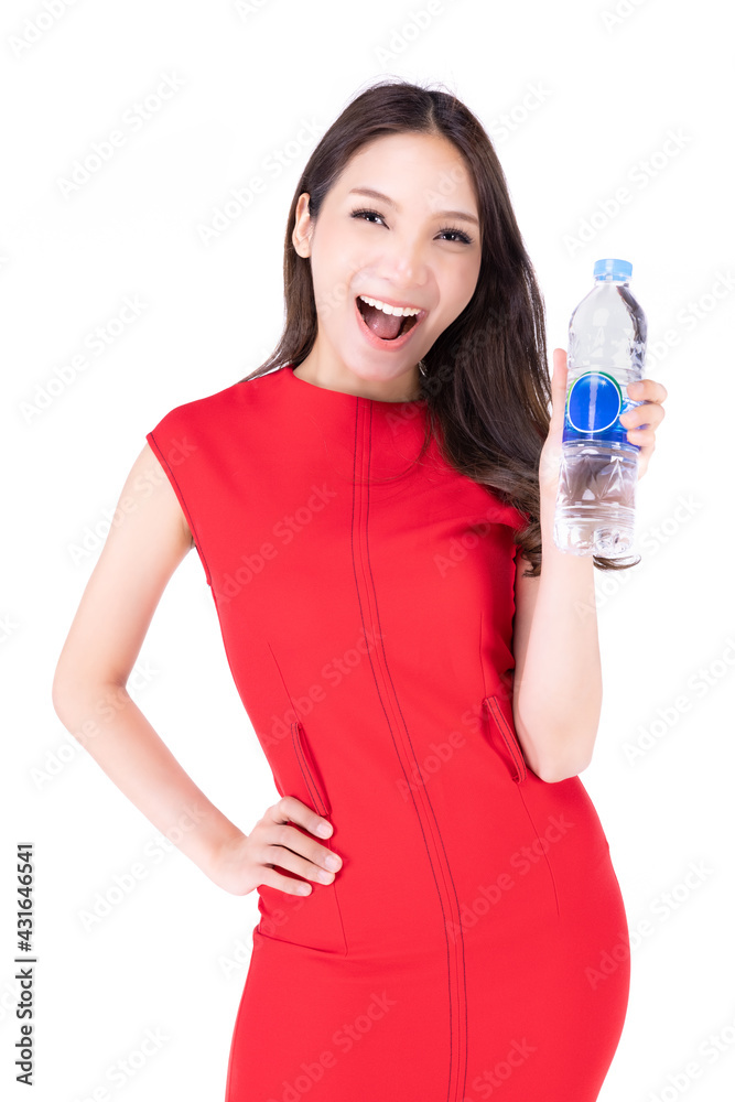 Portrait beautiful woman in a red dress Showing a happy expression , While holding a water bottle in her hand on a white background Portrait beautiful woman in a red dress Showing a happy expression , While holding a water bottle in her hand on a white background