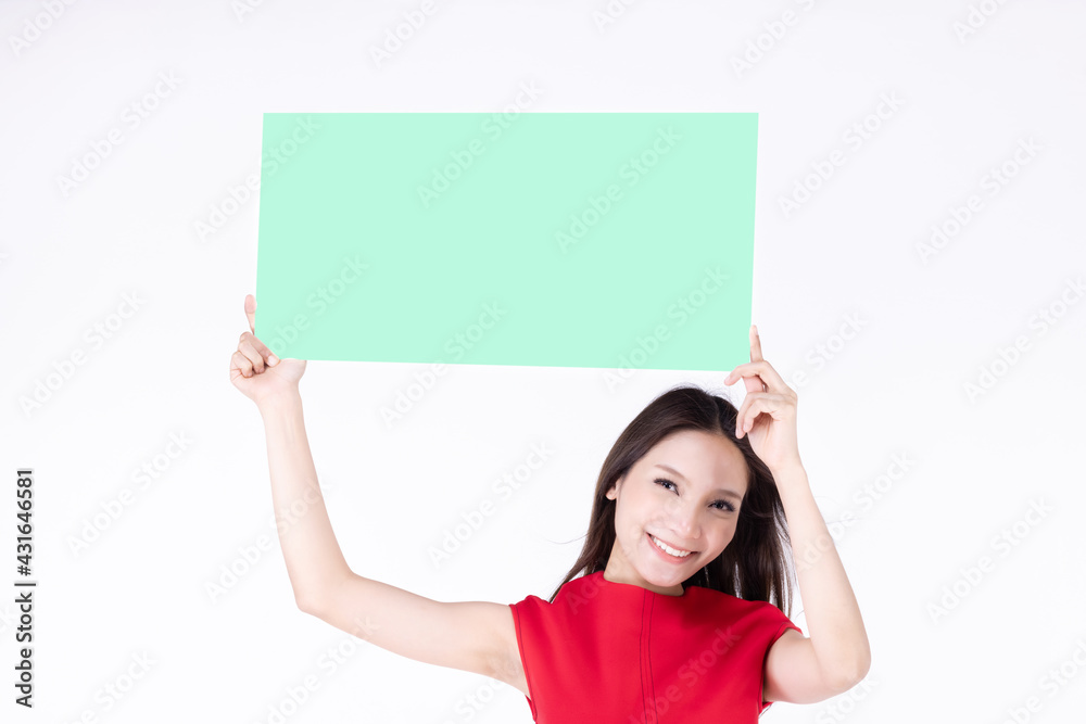 Young asian female showing blank sign card cheerful and happy smiling - copy space for text. Beautiful smiling young woman model isolated on white background. Young asian female showing blank sign card cheerful and happy smiling - copy space for text. Beautiful smiling young woman model isolated on white background.