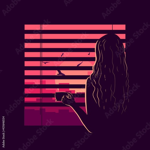 Vector art of a woman in her apartment looking through the window and drinking coffee. Lady silhouette being bored at home and looking at the urban landscape. Afternoon sunset flat illustration.