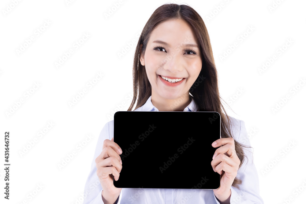 Businesswoman with tablet, Woman using digital tablet computer PC happy isolated on white background.Asian woman in business shirt. Businesswoman with tablet, Woman using digital tablet computer PC happy isolated on white background.Asian woman in business shirt.